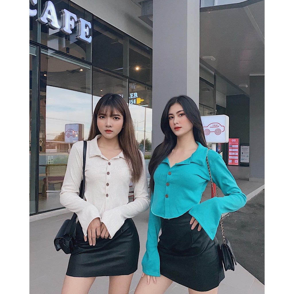 Áo croptop nữ polo nút tay dài trơn chất liệu thun gân co giãn I Hhvintage