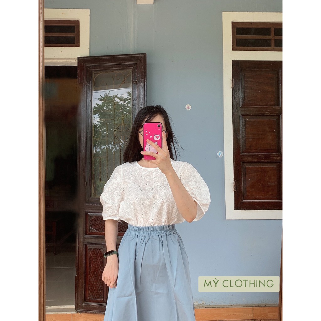 Áo ren cổ tròn tay ngắn