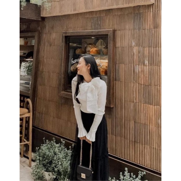 Áo Len Tăm Cổ Nơ Tay Loe Siêu Co Giãn Phong Cách Tiểu Thư Vintage So Hot