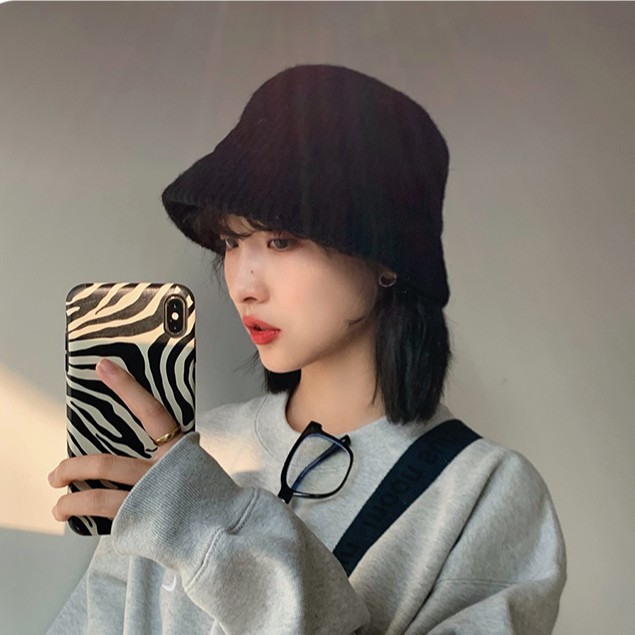 Mũ xô vải len phối nhung in màu đơn giản phong cách thu đông