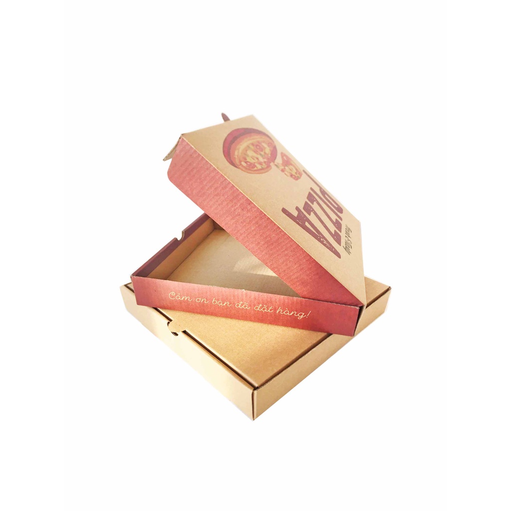 Bó 100 hộp Pizza in 4 màu size 20 kích thước 20x20x4cm, Hộp 3 lớp sóng E bồi Kraf nâu.