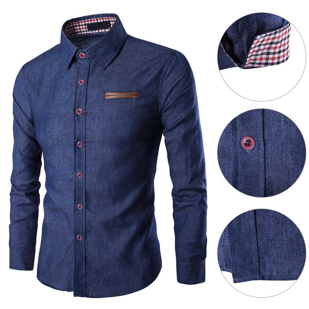 Áo Sơ Mi Jean Ôm Dáng Ghép Vải Một Hàng Nút Màu Trơn Thời Trang Xuân Thu Cho Nam Văn Phòng