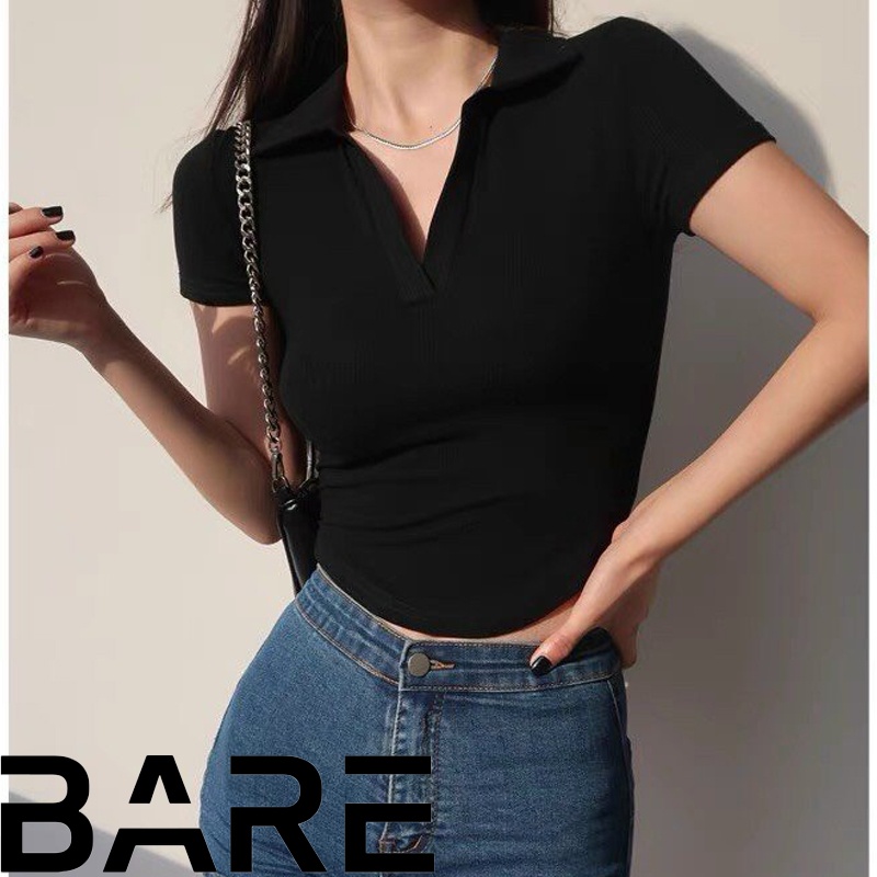 Áo thun croptop nữ ôm dáng tay ngắn có cổ chất thun gân dày dặn - AO082