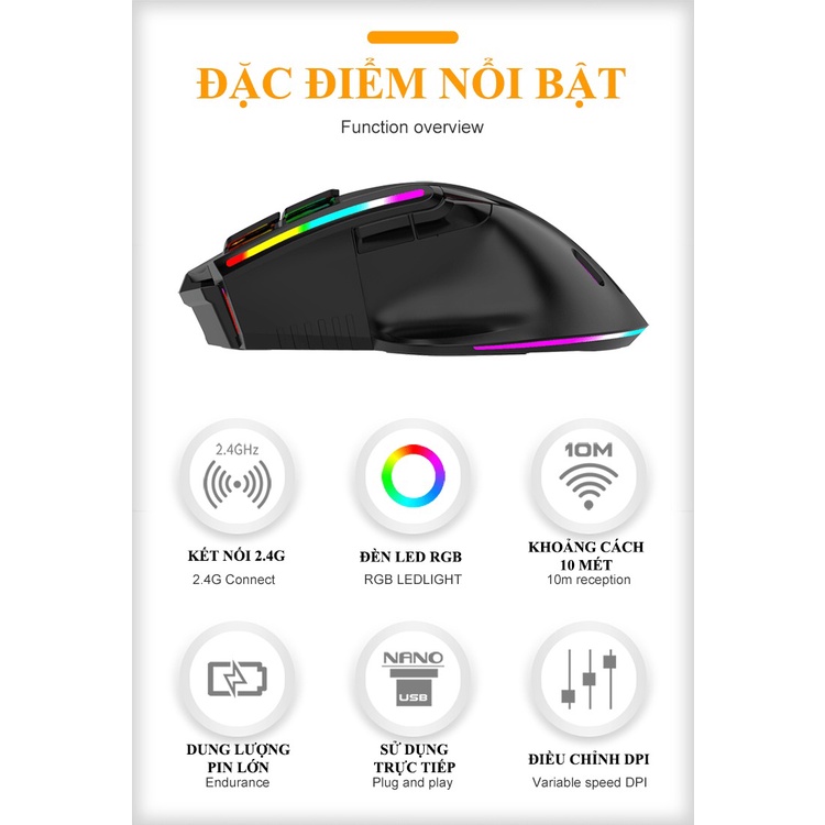 Chuột không dây K-snake BM-520 kết nối bằng chip USB 2.4GHz có led RGB nhiều chế độ màu và độ DPI lên đến 3200DPI - NK