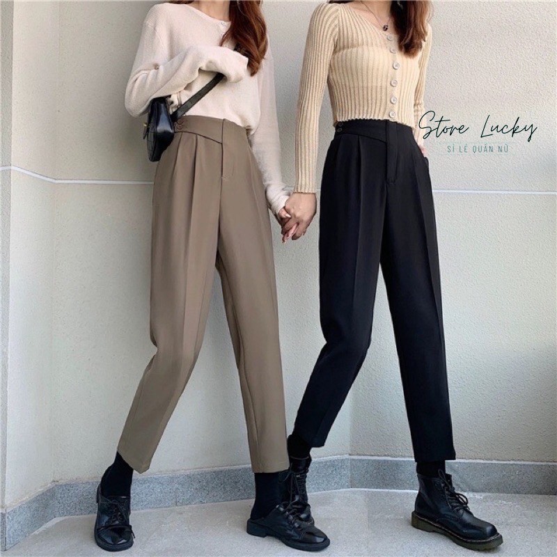 Quần tây nữ cạp chun sau MẪU MỚI vạt chéo 2 khuy xếp ly - ống đứng khóa sườn