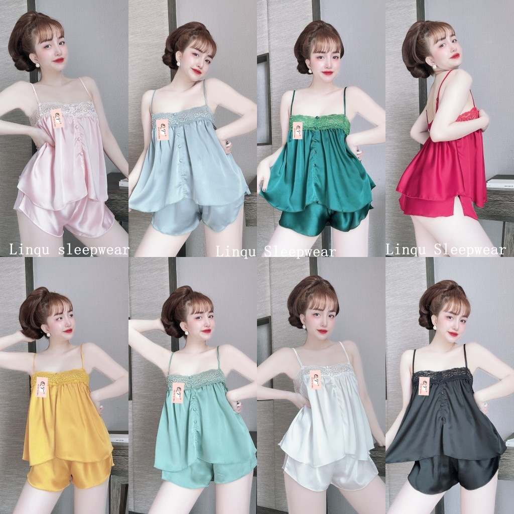 Đồ ngủ sexy gợi cảm 2 dây, Đồ ngủ nữ lụa satin phối ren nút bọc có tăng đơ mặc ngủ dễ thương Freesize - Linqustore
