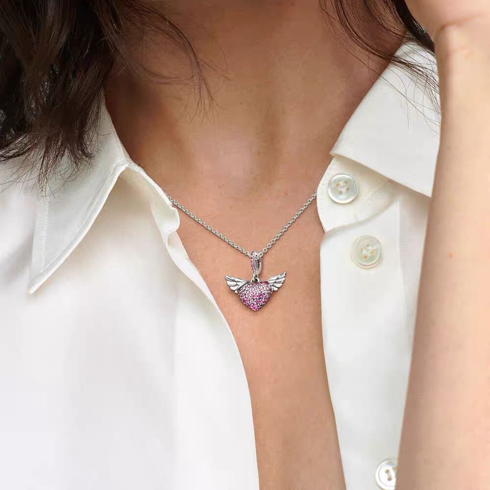 Vòng cổ Mạ Bạc 925 Mặt Hình Đôi Cánh Thiên Thần Pandora Đính Đá Thời Trang Cho Nữ