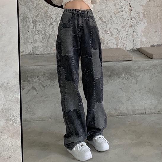 Quần jeans nữ lưng cao ống rộng phong cách vintage
