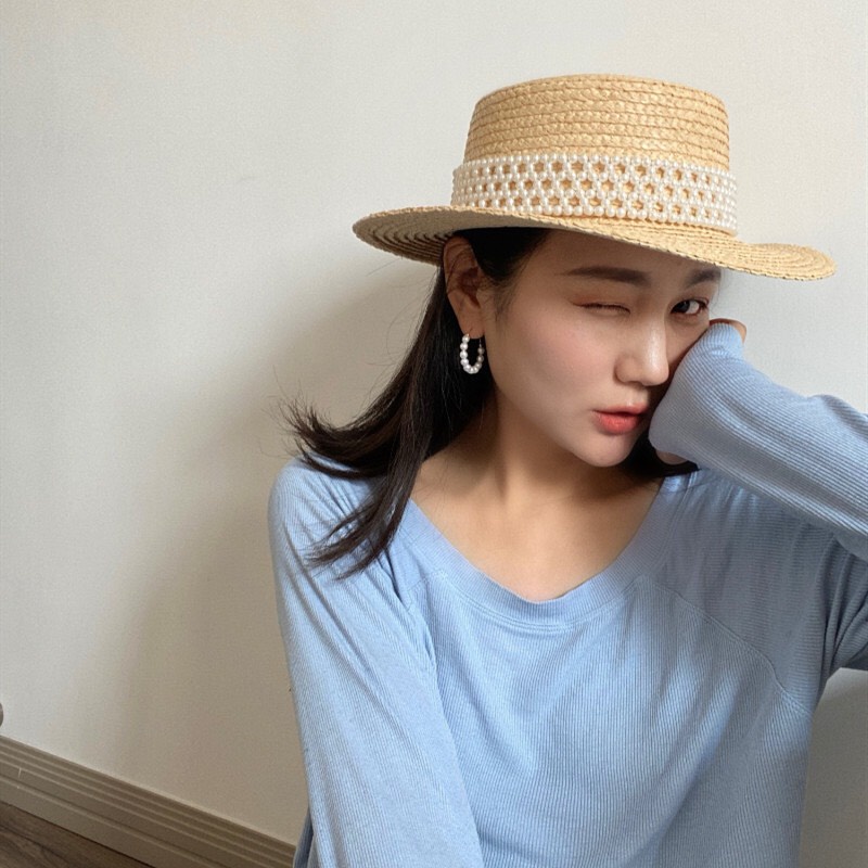 Mũ cói đi biển, du lịch đai ngọc vành phẳng nhỏ cho nữ M87