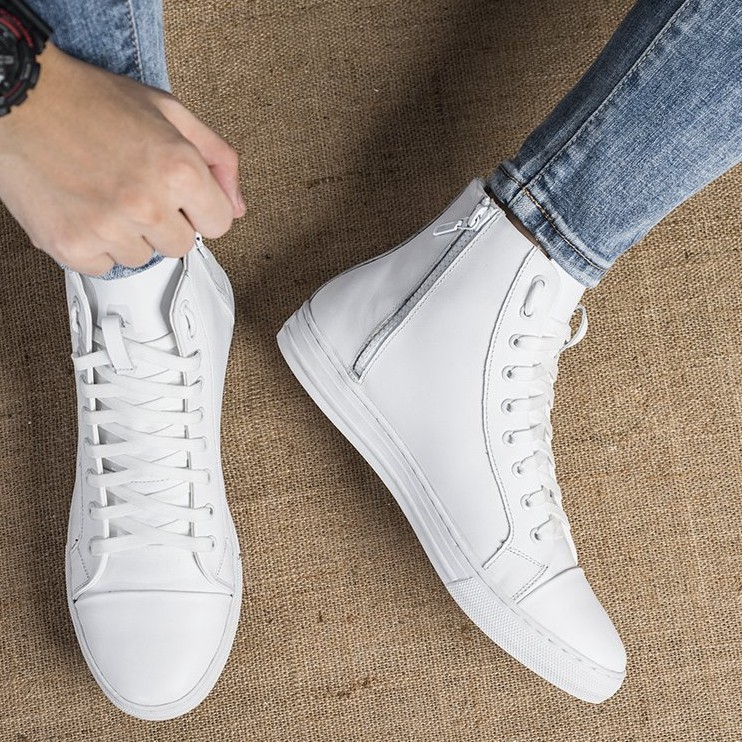 Giày Da EleMan Nam Trơn Cao Cổ Cao Cấp 2 Màu Trắng/ Đen | BigBuy360 - bigbuy360.vn