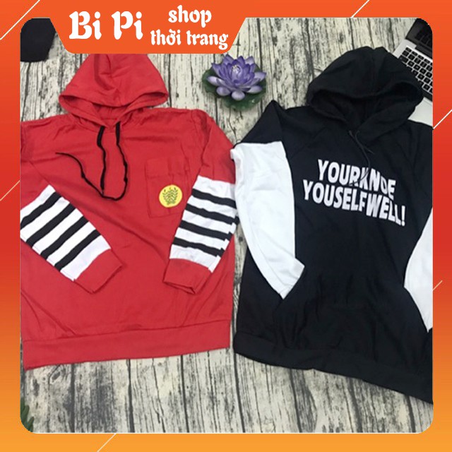 Áo Khoác Hoodie Nỉ Bông Mũ trùm đầu màu đỏ tay sọc đen và màu đen tay trắng ( ảnh thật kèm clip)