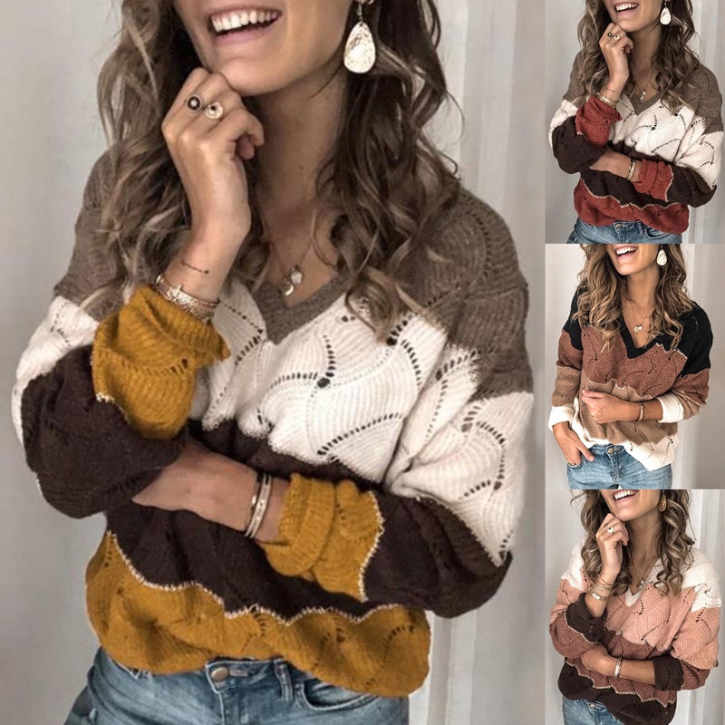Áo Sweater Dệt Kim Cổ V Tay Dài Kẻ Sọc Phối Màu Dễ Thương Cho Nữ