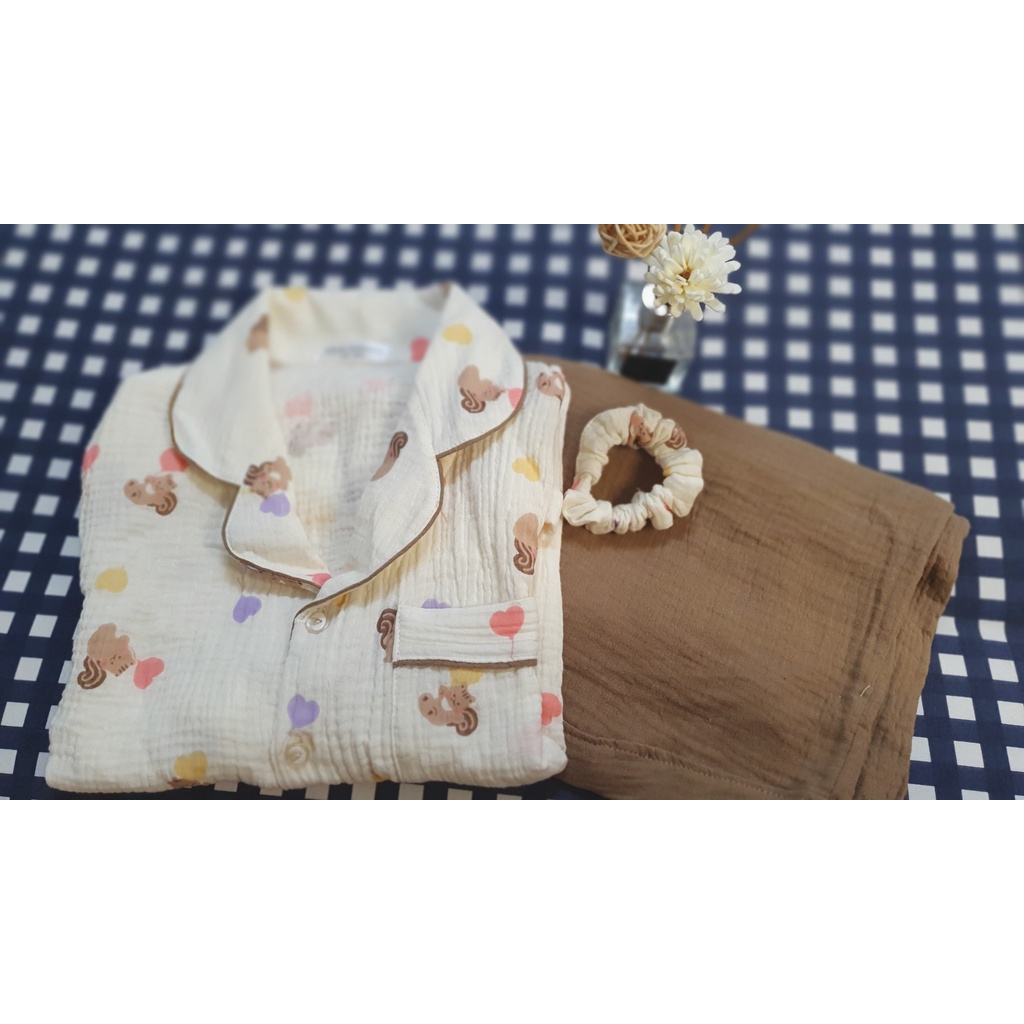 Đồ ngủ Pyjama xô muslin sóc nhỏ tinh nghịch siêu dễ thương