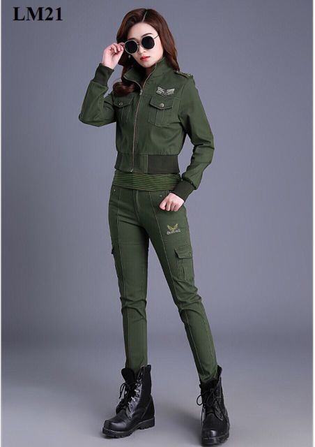 Đồ bộ nữ kaki 3 món thời trang phối lính cao cấp gồm 3 món ( quần kaki, áo khoác kaki và áo thun sát nách)