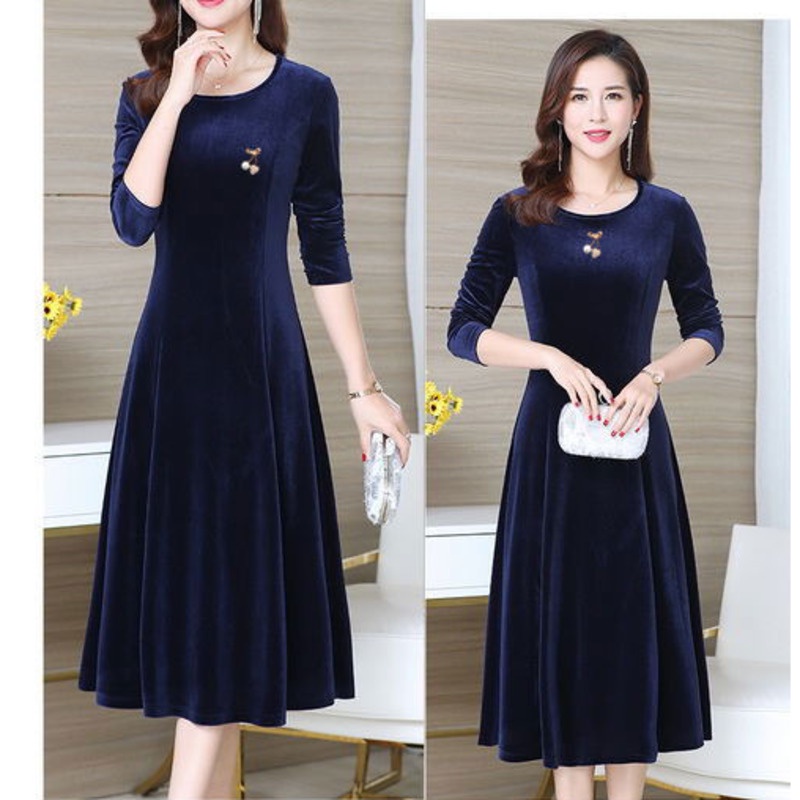 Đầm Nhung Cổ Tròn Tay Dài Dáng Rộng Màu Trơn Thời Trang Thu Đông Cho Phụ Nữ Trung Niên Size M-4xl 100kg