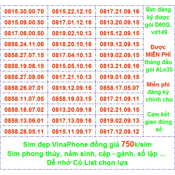 Sim Vina số đẹp 750k Miễn phí ĐK chính chủ Miễn phí gói ALO35 tháng đầu, ĐK được gói VD149-D60G...(xem ở chi tết)