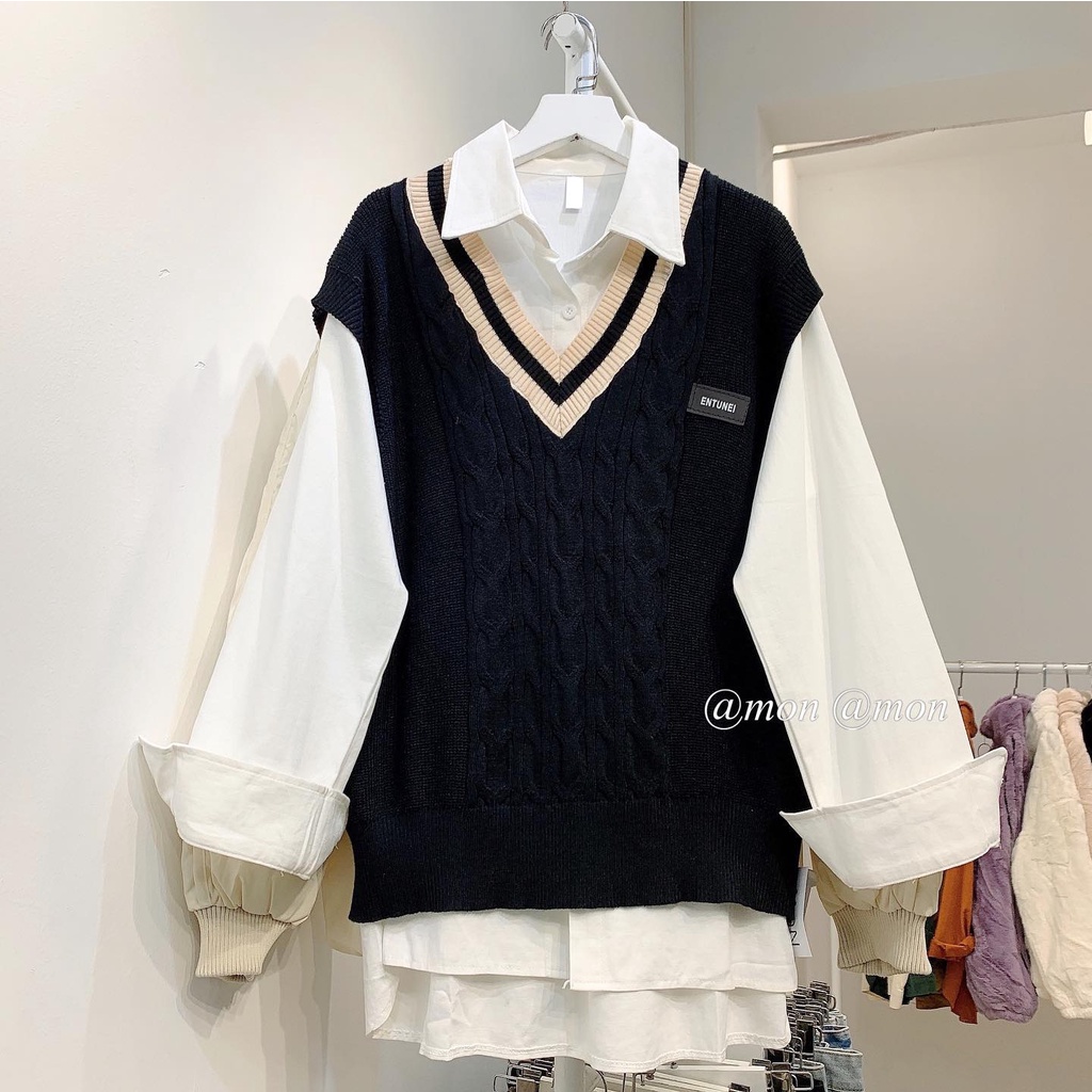 210698 Áo gile len nữ - áo len nữ, áo gile cổ V thời trang ulzzang chất len dày dặn freesize (không kèm áo sơ mi)