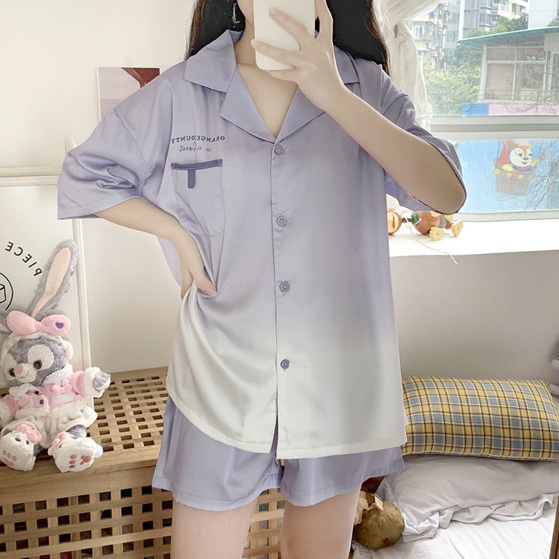 New style ice silk pajamas women's suit sweet girl style home clothes net red lovely Korean imitation silk short sleeved shorts