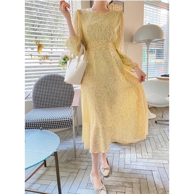 Đầm voan vàng dáng dài 2 lớp thắt dây eo