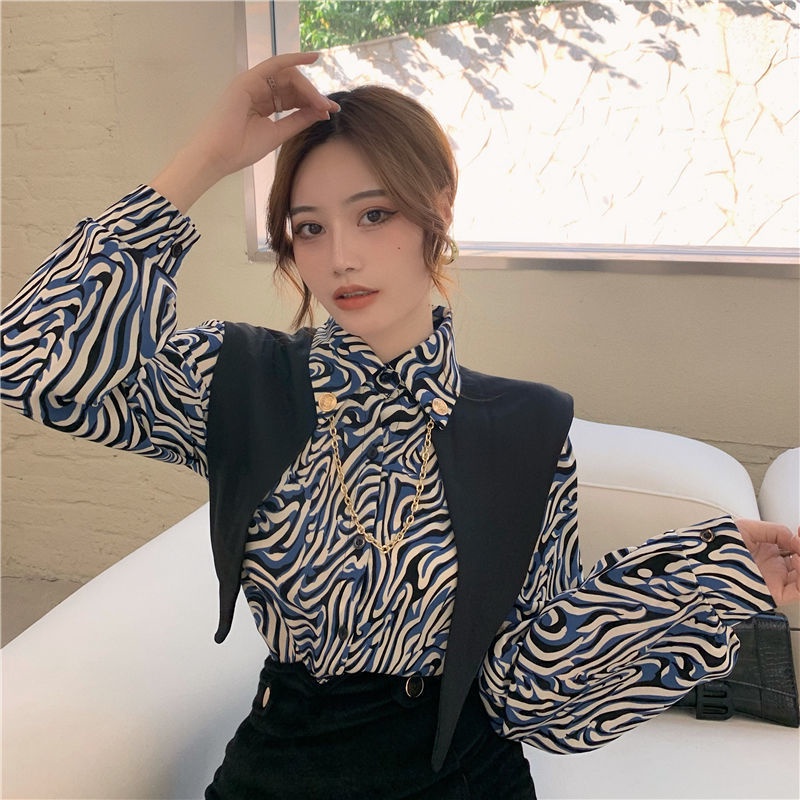 Áo sơ mi tay dài in họa tiết ngựa vằn phong cách retro cho nữ