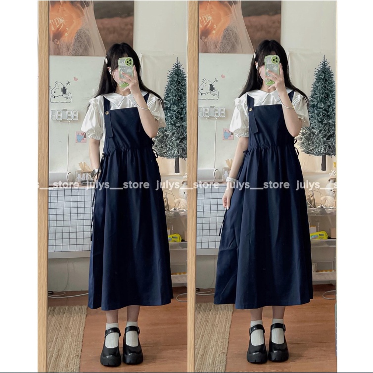 Set yếm váy ulzzang rút eo kèm áo sơ mi tay bồng chuzme