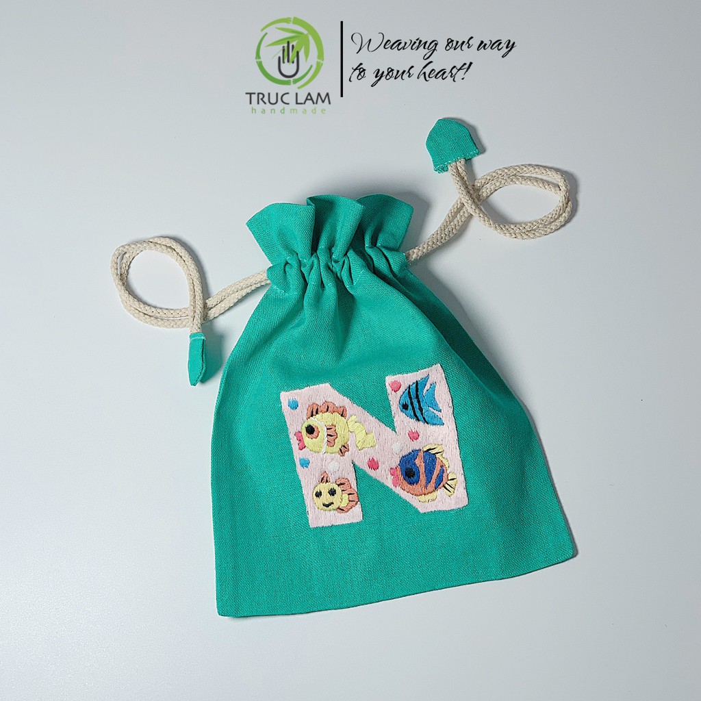 Túi Dây Rút Thêu Tay Họa Tiết Chữ Cái N Phối Hoa Văn Nhiều Màu Sắc - Trúc Lâm Handmade