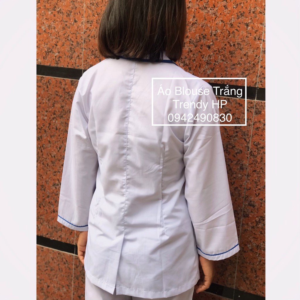 Bộ quần Áo blouse trắng điều dưỡng nam nữ cộc tay, dài tay có viền xanh - áo blu y tá có viền xanh