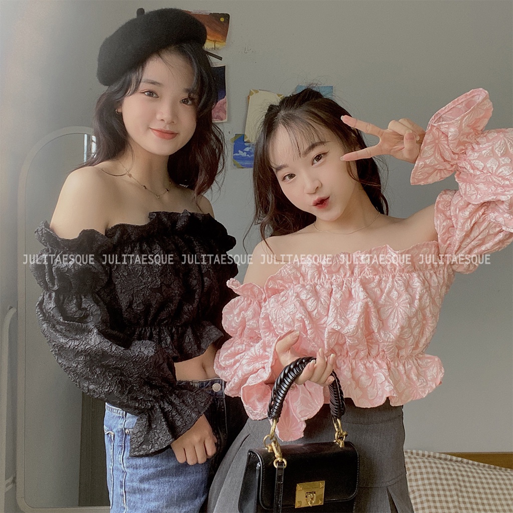 Áo gấm croptop trễ vai tay dài bo chun có bèo nhún -Helen shirt