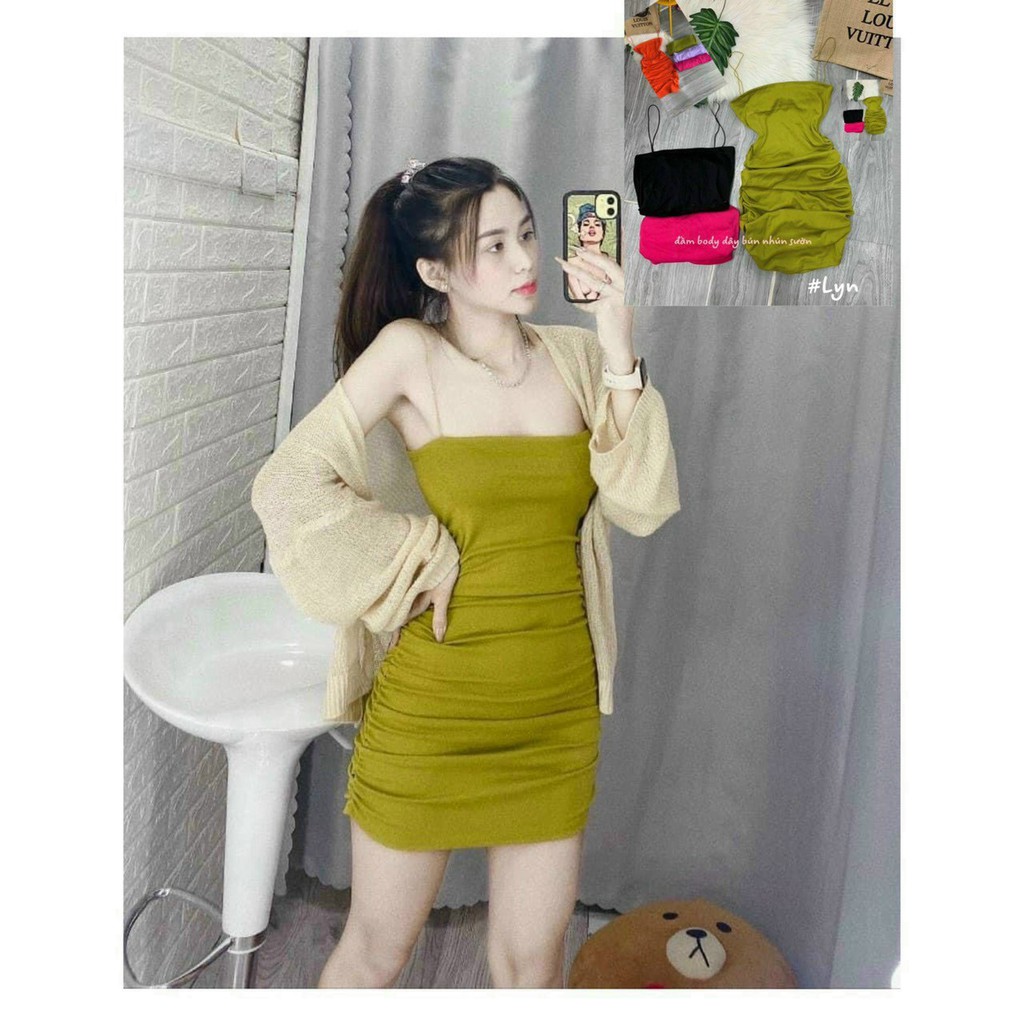 Đầm 2 dây body trơn nhúm sườn xinh xinh , chất thun bozip mềm mịn