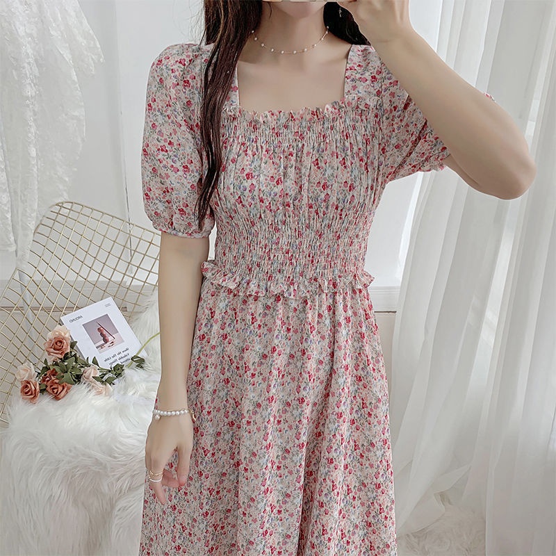 Đầm Voan Tay Phồng Cổ Vuông Dáng Dài In Họa Tiết Hoa Nhí Xinh Xắn Thời Trang Mùa Hè Phong Cách Pháp