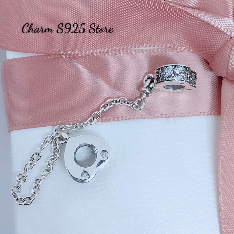 CHARM PAN ALE KHOÁ CHẶN XÍCH TIM ĐÍNH ĐÁ TRẮNG BẠC S925 HÀNG CAO CẤP