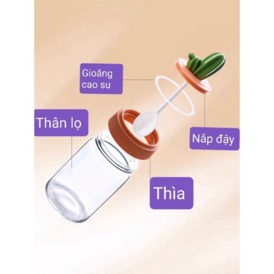 Hũ đưng gia vị thủy tinh xương rồng lọ gia vị dung tích 240ml có thìa nắp + kệ cao cấp