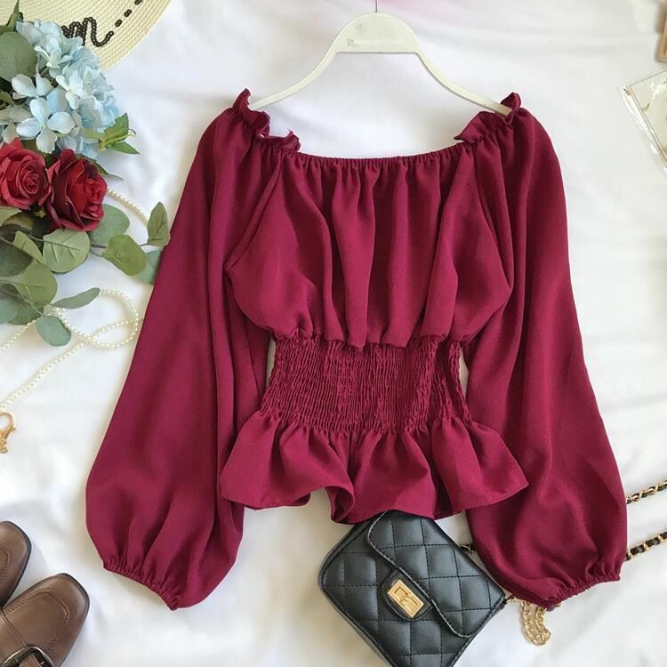 Korean women's chiffon blouse with long sleeves and off shoulder style