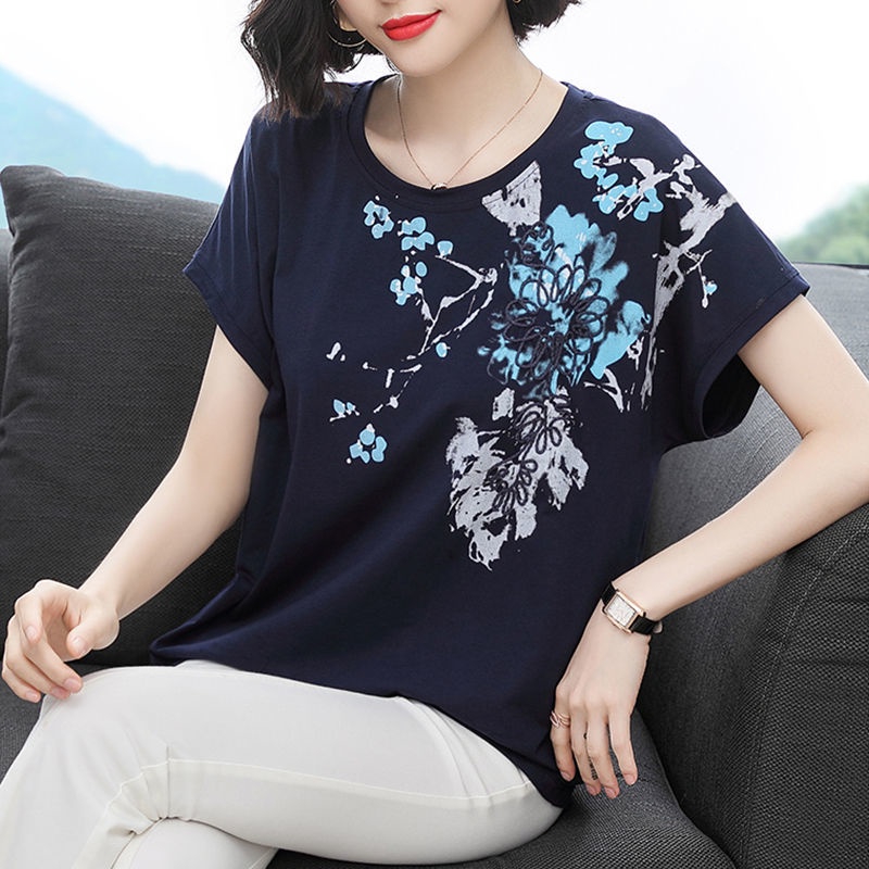 Áo thun tay ngắn cổ tròn chất liệu cotton thời trang mùa hè cho phụ nữ trung niên