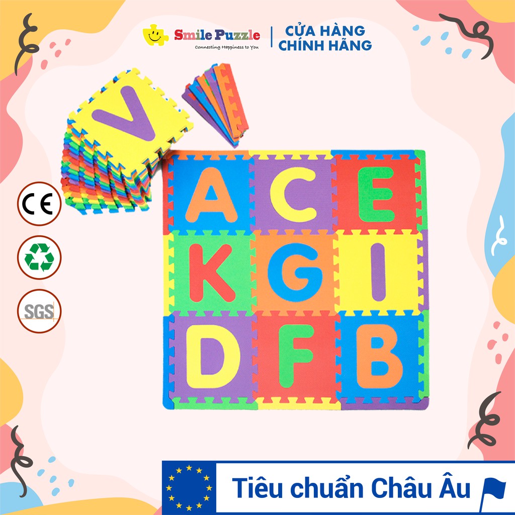 THẢM XỐP CHO BÉ SMILE PUZZLE - CHỮ CÁI - VIỀN NGOÀI - KHÔNG MÙI - TIÊU CHUẨN CHÂU ÂU (26 miếng, kích thước 1,5mx1,5m)