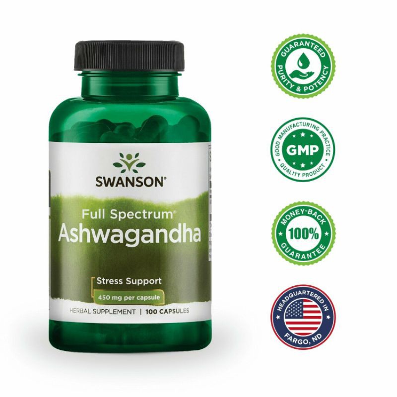 Swanson Premium Ashwagandha bổ sung 450mg hỗ trợ giảm căng thẳng và hỗ trợ năng lượng 100 viên