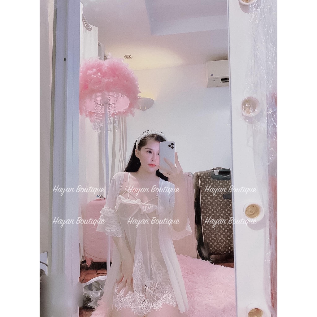 HT102 Set váy ngủ và áo choàng sexy ren xuyên thấu có GỌNG, bộ váy ngủ gơi cảm hở lưng HT102