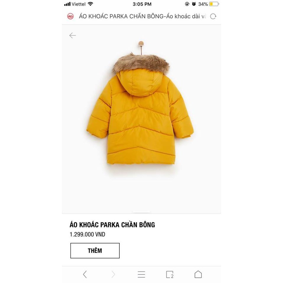 Áo khoác phao parka zara mũ lông bé trai, bé gái 3 màu vàng, đỏ, than