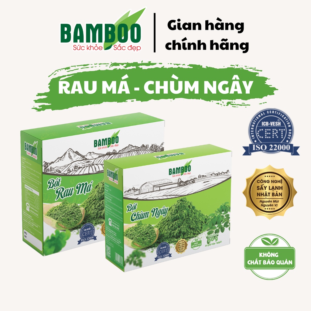 Combo Bột rau má và bột chùm ngây Bamboo nguyên chất, siêu mịn (Hộp 60g/ 20 gói x 2)