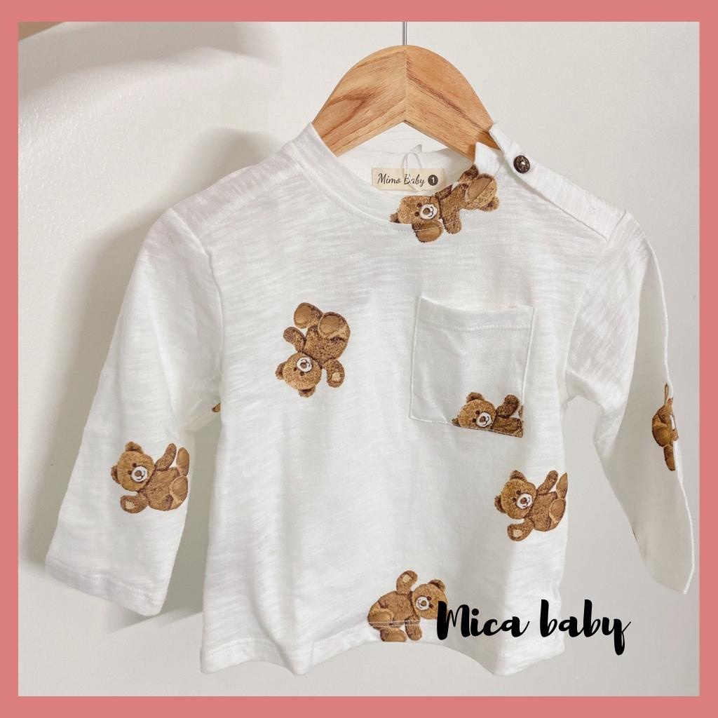 Áo phông dài tay thu đông cho bé chất cotton in hình gấu QA49, áo thun phối túi ngực cho bé Mica Baby