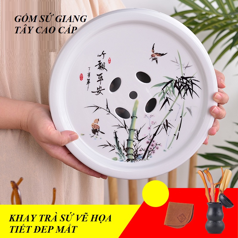 Khay Trà, Thuyền Trà Dưỡng Ấm Tử Sa, Đế kê lót ấm chén bằng Sứ Trắng Giang Tây tặng kèm Bộ dụng cụ và Khăn lau