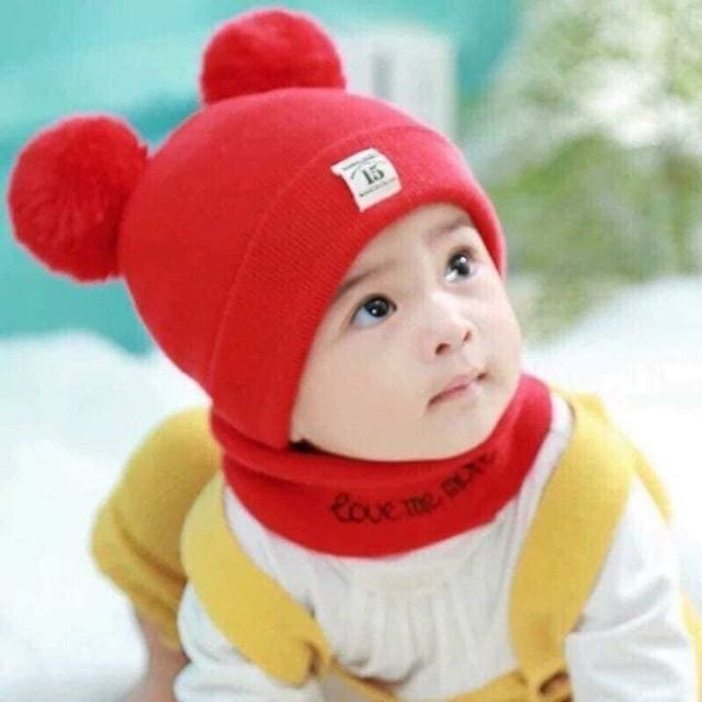 Sét mũ 2 quả bông kèm khăn cho bé