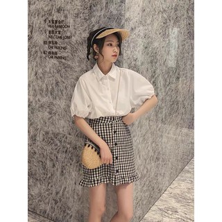 Set áo tay phồng phối chân váy caro