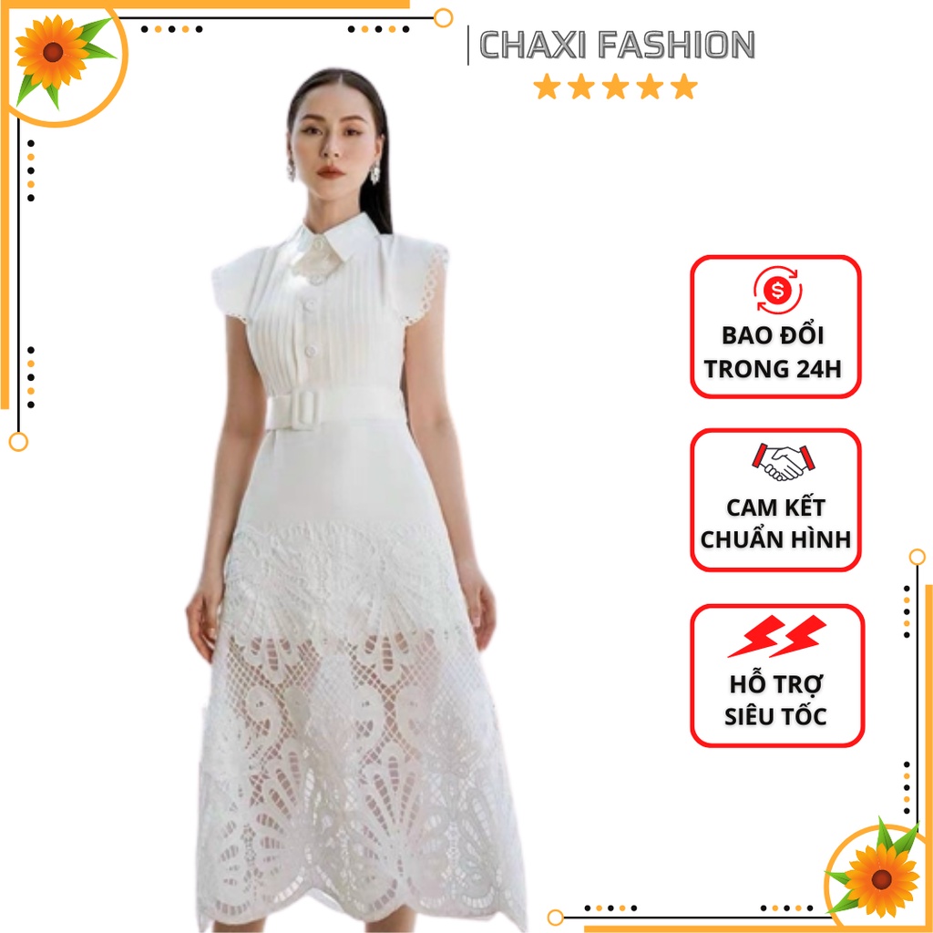 HÀNG NHẬP - ĐẦM XÒE MIDI MÀU TRẮNG LỤA PHỐI REN CỔ SƠ MI TIỂU THƯ - KLCT546430