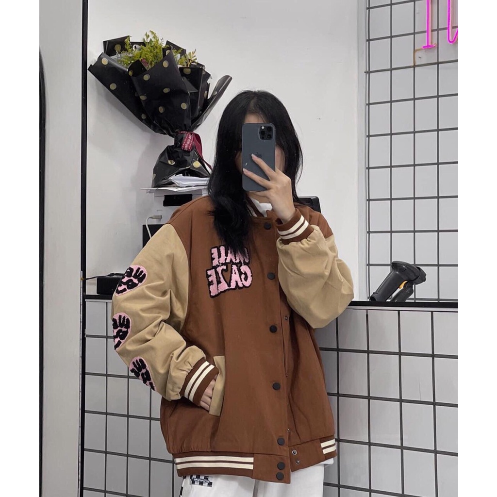 Áo Khoác Bomber Varsity Nữ MEESTORE - Jacket Nỉ Dáng Rộng Unisex Tay Bồng Màu Nâu Tây Phong Cách Hàn Quốc