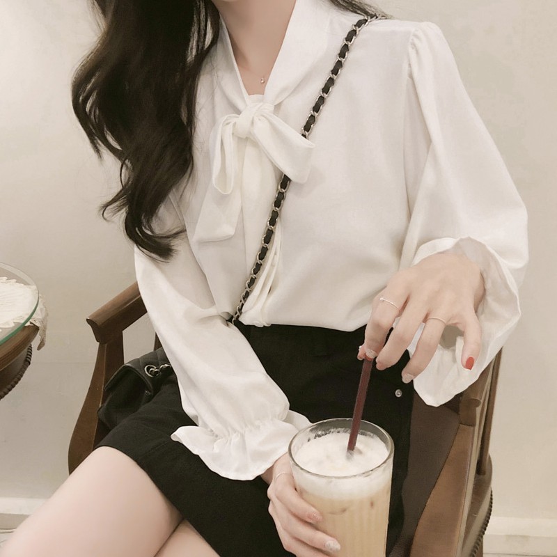 (ORDER) Áo sơ mi trắng nữ dài tay cổ thắt nơ đơn giản công sở Hàn Quốc nhẹ nhàng (Style năm 2020)