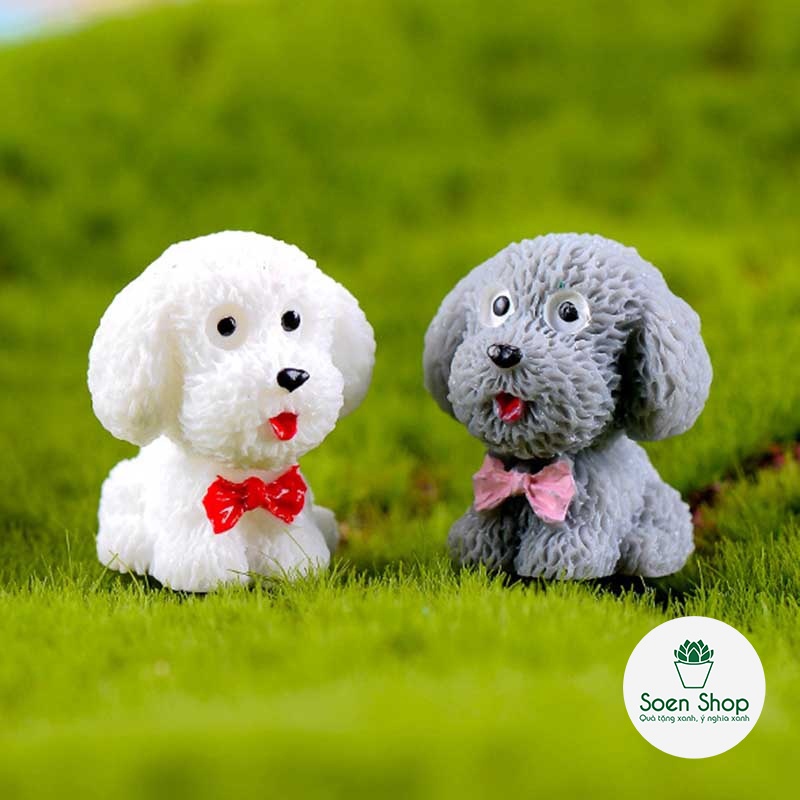|FREESHIP| Chó đeo nơ Poodle - Phụ kiện trang trí cho cây xanh để bàn làm việc, mô hình trang trí cho bể cá, tiểu cảnh