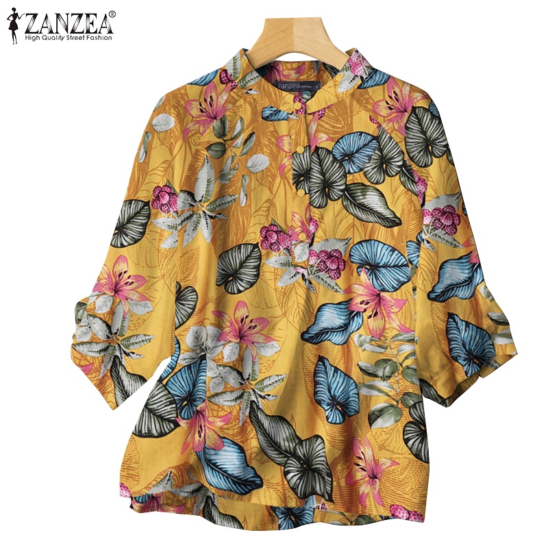 Áo kiểu ZANZEA cổ đứng in họa tiết cây lá nhiệt đới phong cách retro thời trang dành cho nữ