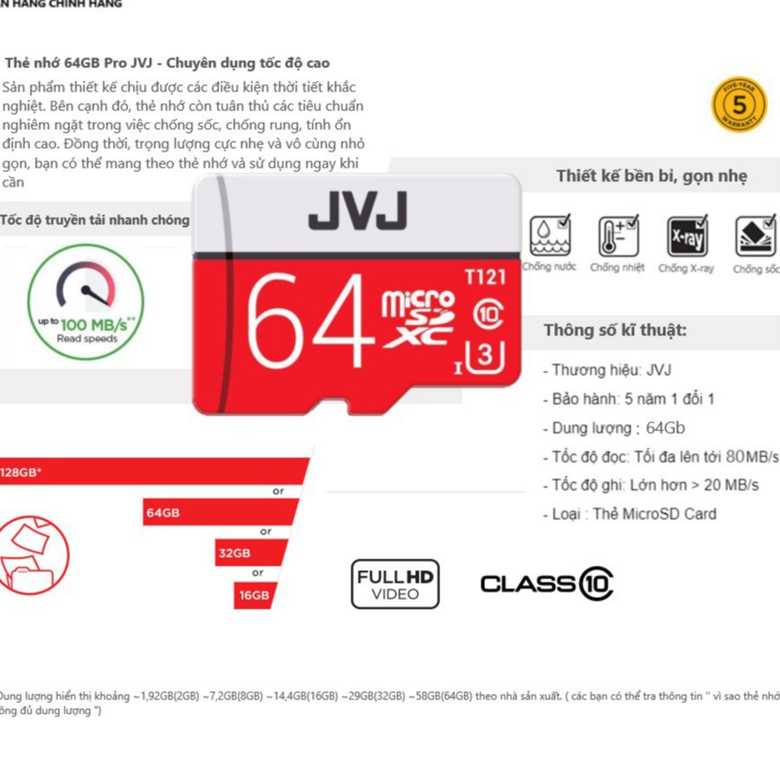 Thẻ Nhớ 16/32/64/128GB JVJ Pro U3 Class 10 [CHÍNH HÃNG] Chuyên Dùng CAMERA Tốc Độ Cao, Điện Thoại, Cam Hành Trình