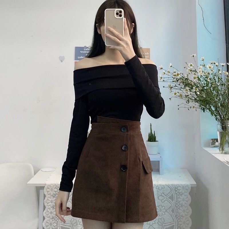 chân váy cạp lệch nhung và áo len trễ vai ảnh thật video hichi